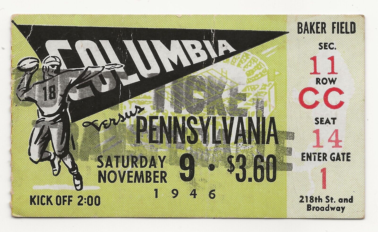 1946 Columbia University vs. Pennsylvania ticket stub; college football #1