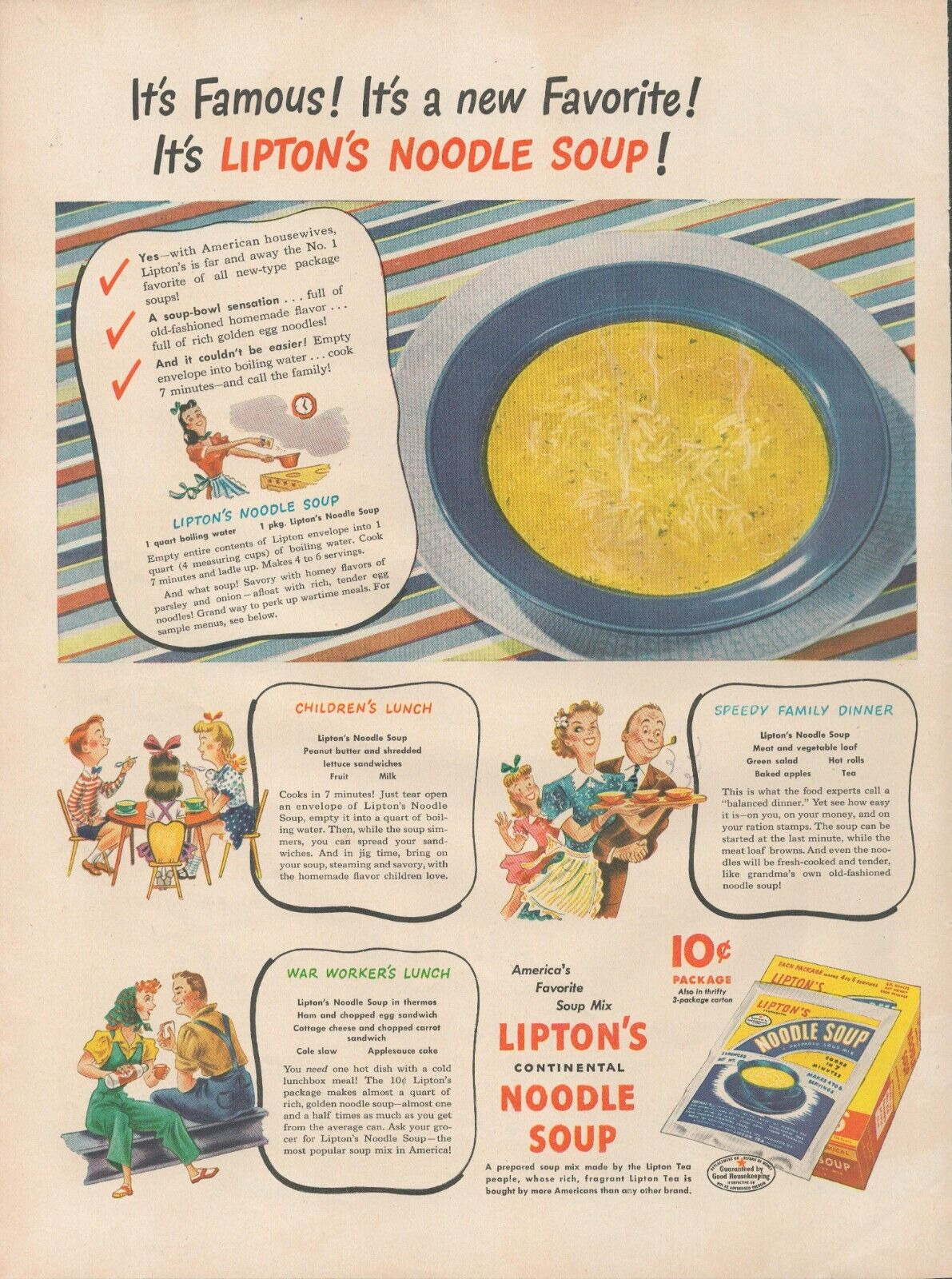 1944 Lipton's Noodle Soup It's Famous New Favorite Vintage Print Ad