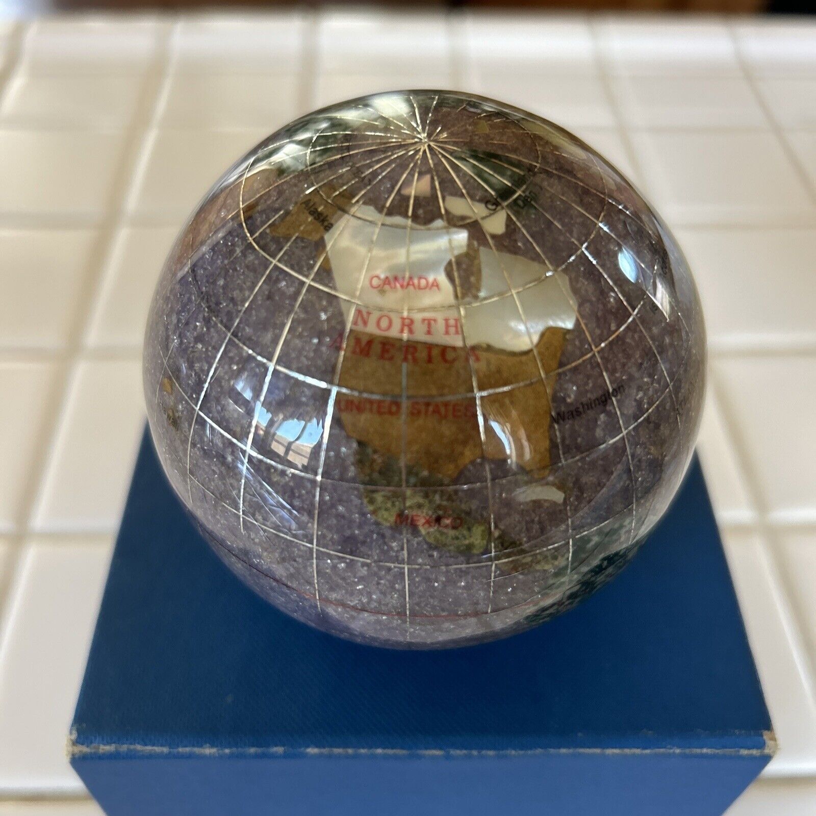 Vintage 3” Globe Gemstone World Desk Paperweight