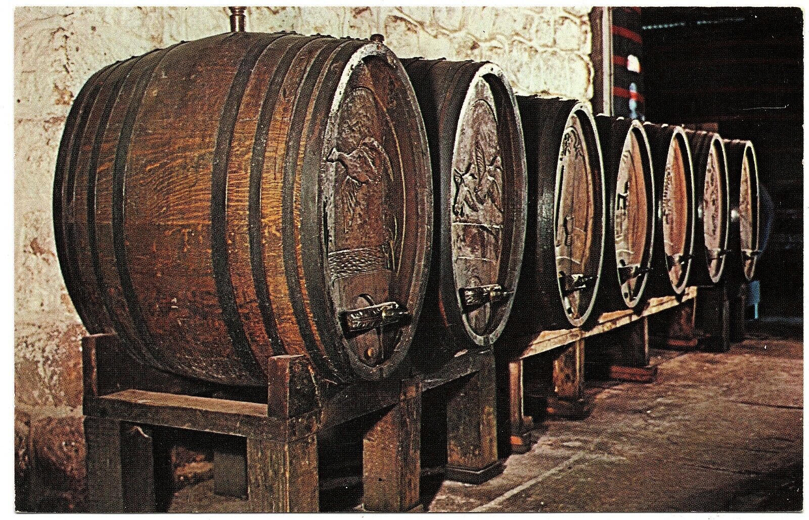 Old hand-carved oak casks Samuele Sebastiani Winery Sonoma CA Vintage Postcard