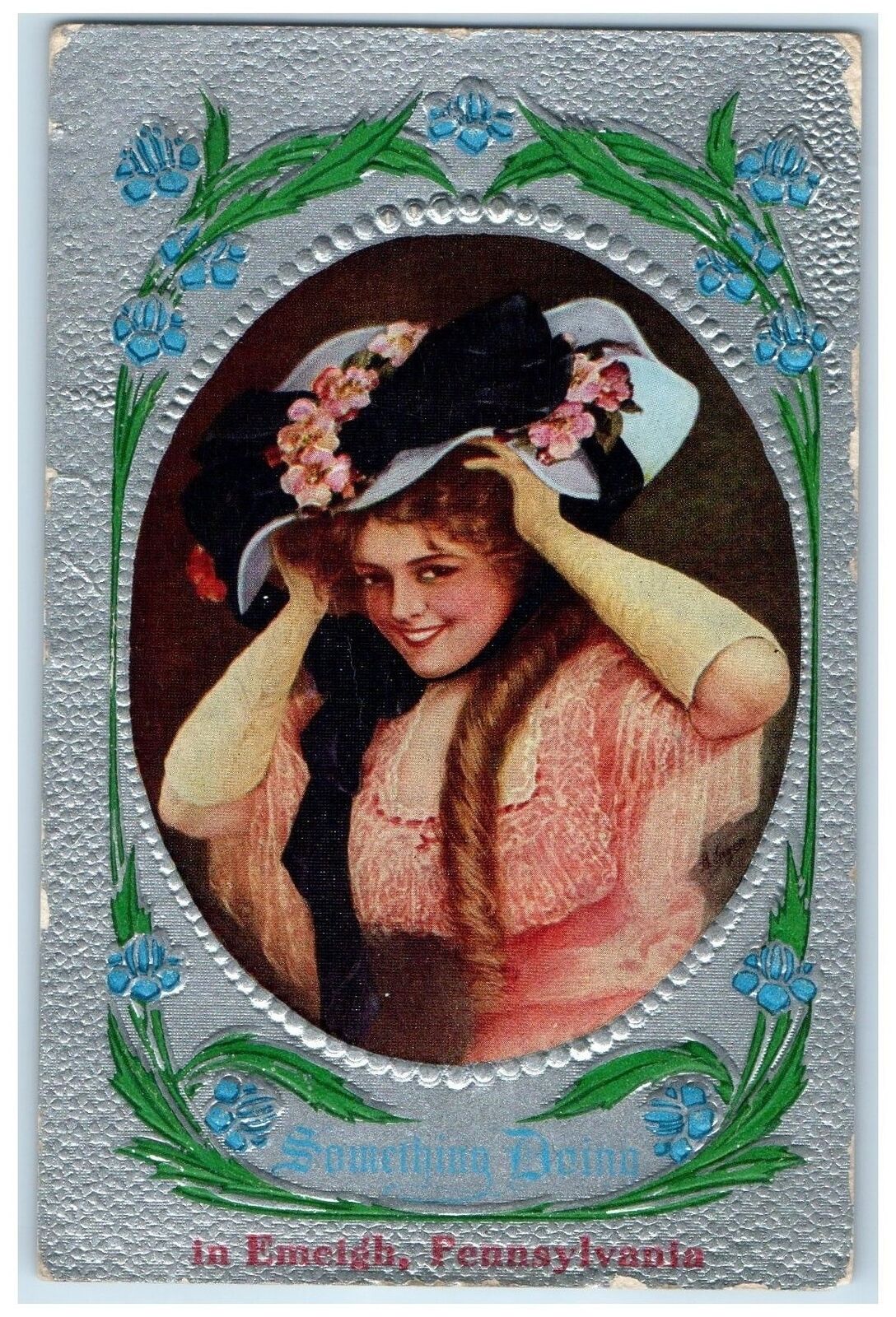 1913 Something Doing In Emeigh PA Embossed Woman Holding Vintage Hat Postcard