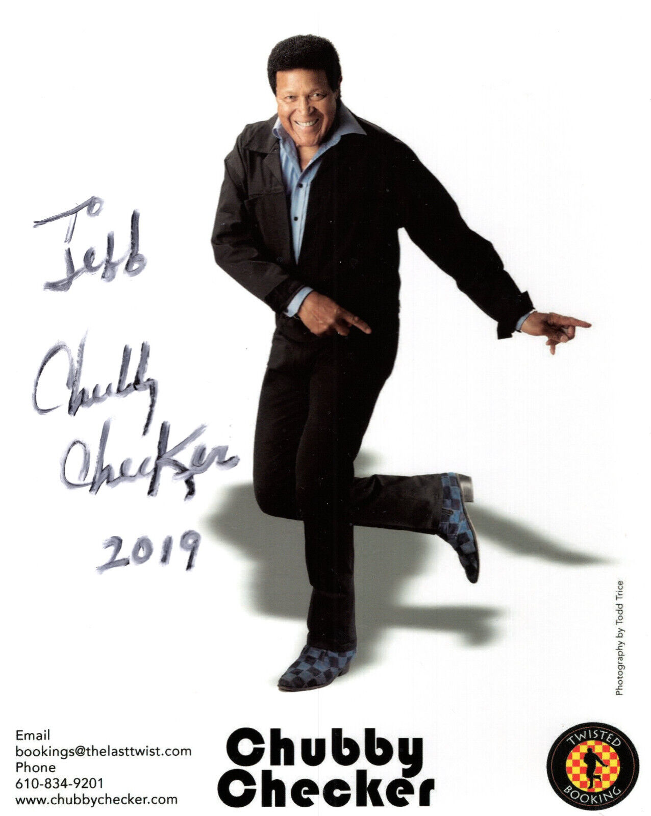 CHUBBY CHECKER HAND SIGNED 8x10 COLOR PHOTO+COA       LET\'S TWIST       TO JEFF