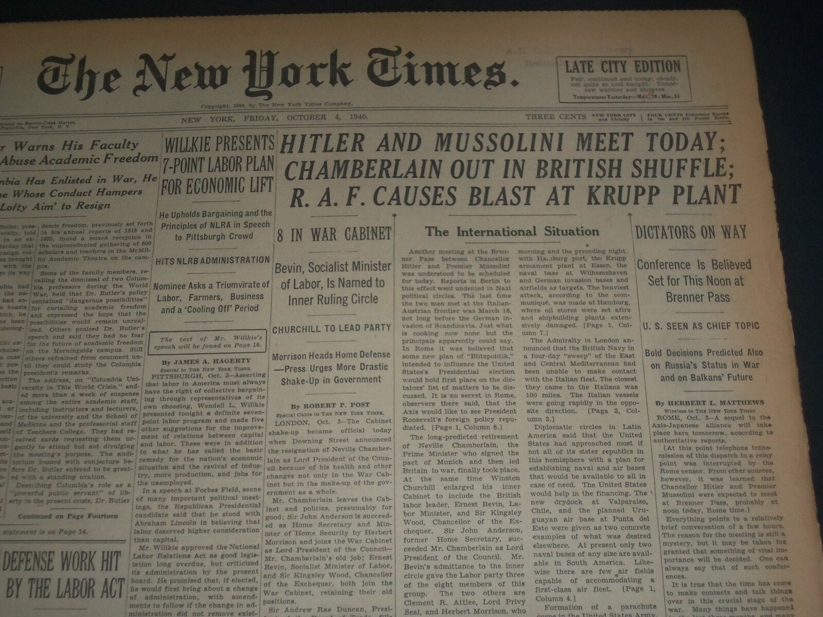 1940 OCTOBER 4 NEW YORK TIMES - HITLER AND MUSSOLINI MEET TODAY - NT 7339