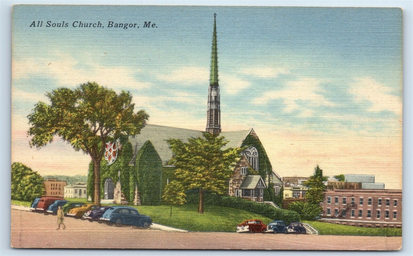 Postcard All Souls Church, Bangor, Maine linen H158