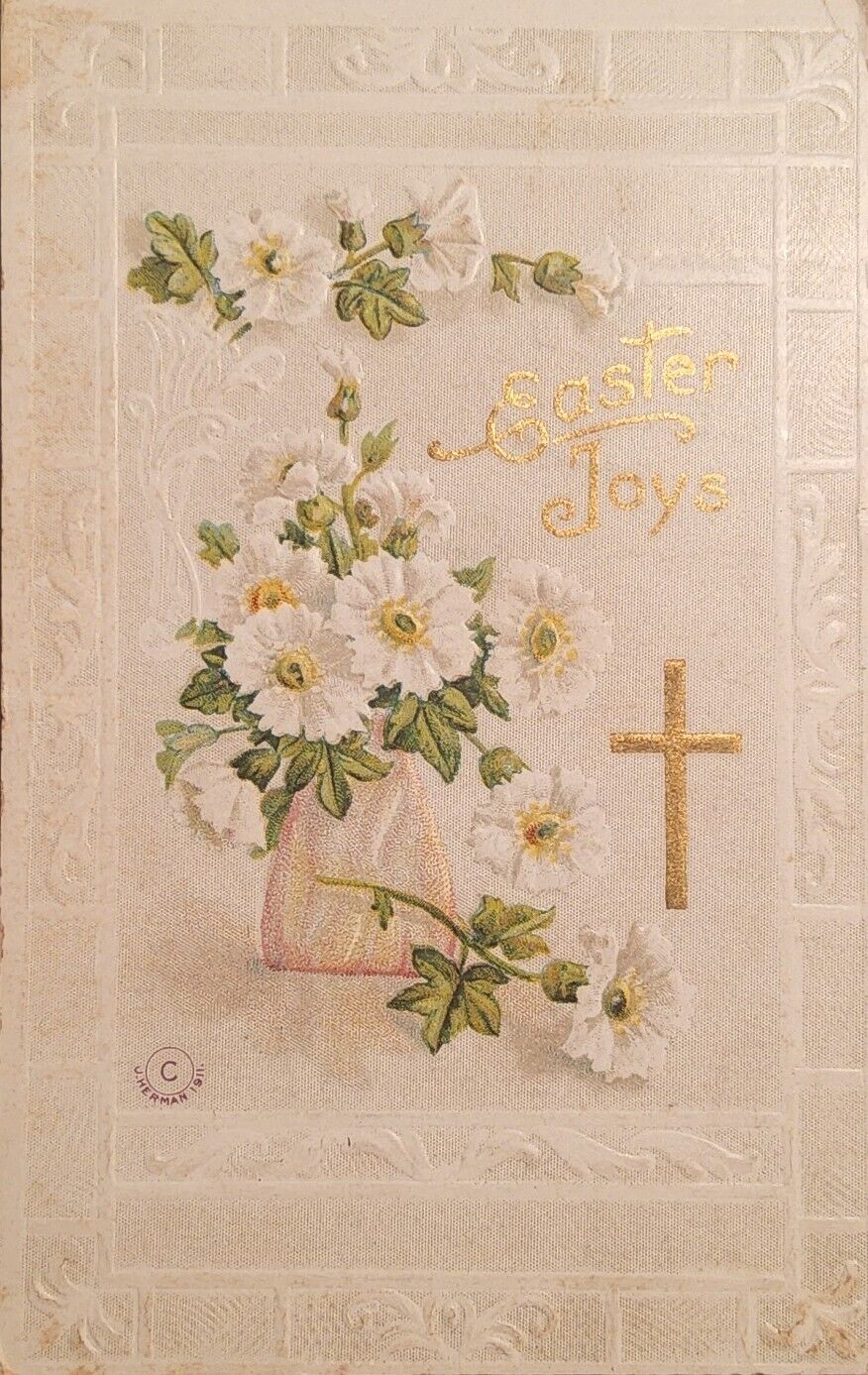 1911 Easter Greetings Postcard, Embossed, Gold Gilded. c1911 J. Herman. #-1232