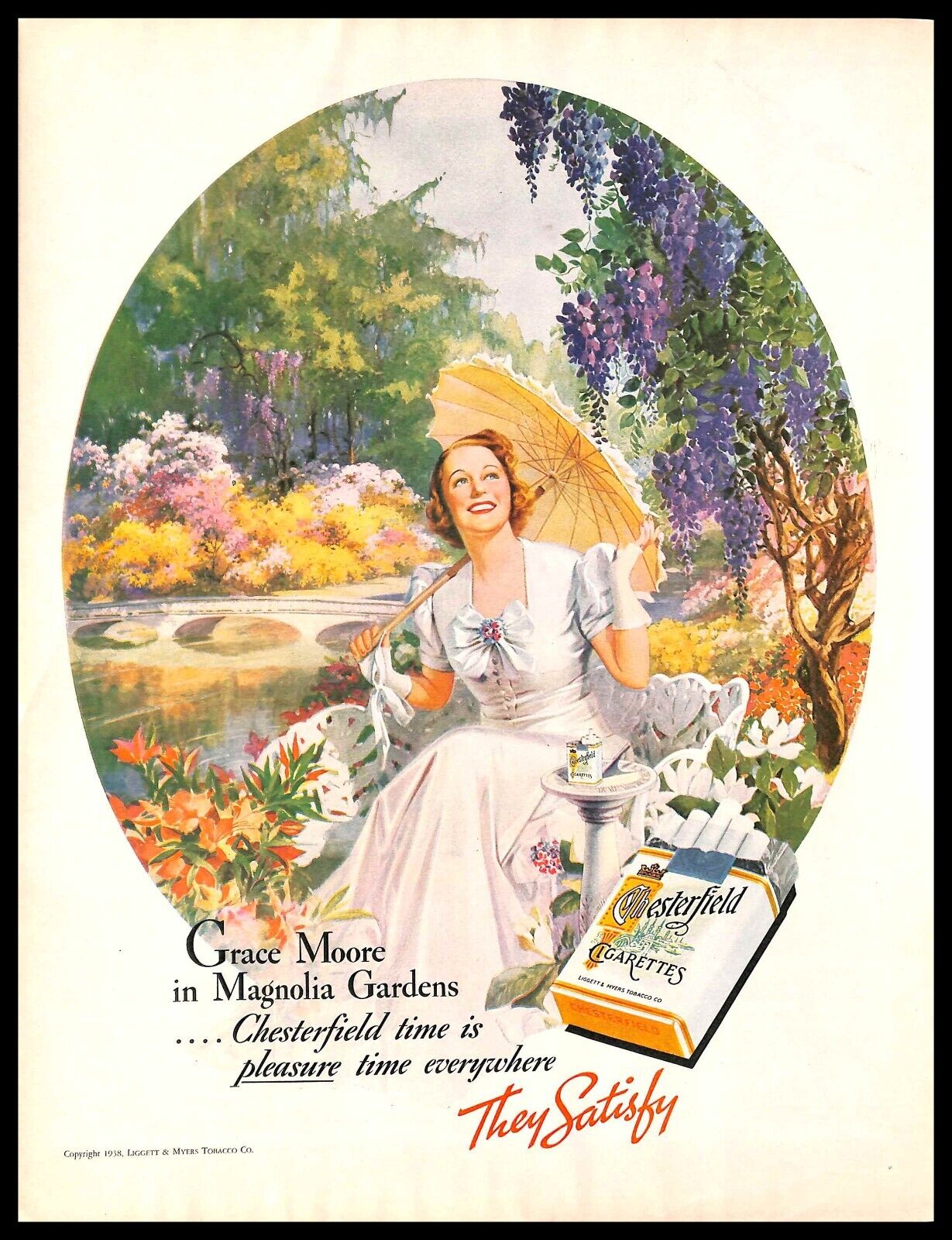 1938 Chesterfield Cigarettes Vintage PRINT AD Grace Moore Magnolia Gardens