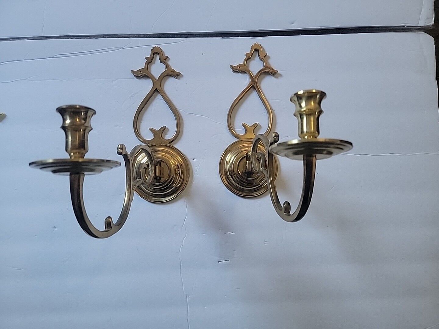 2 Brass Single Arm Sconce Candle Holders Wall Mount Colonial Adjustable 