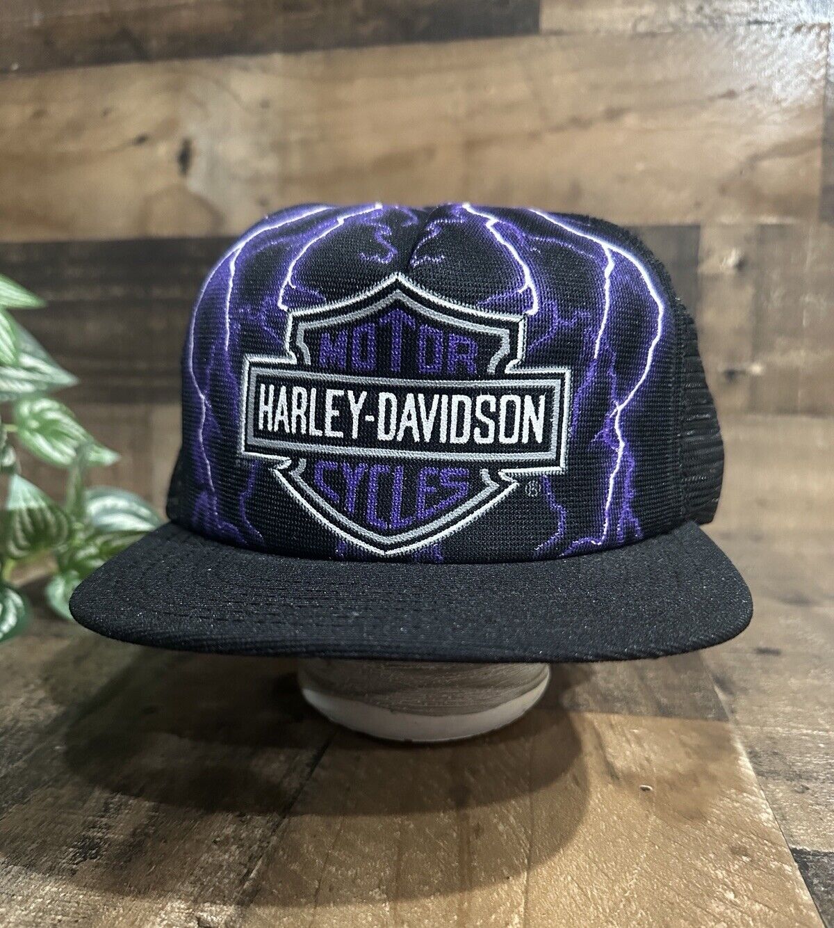 Vintage Harley Davidson Thunder Lightning Snapback Hat Purple Black Made in USA