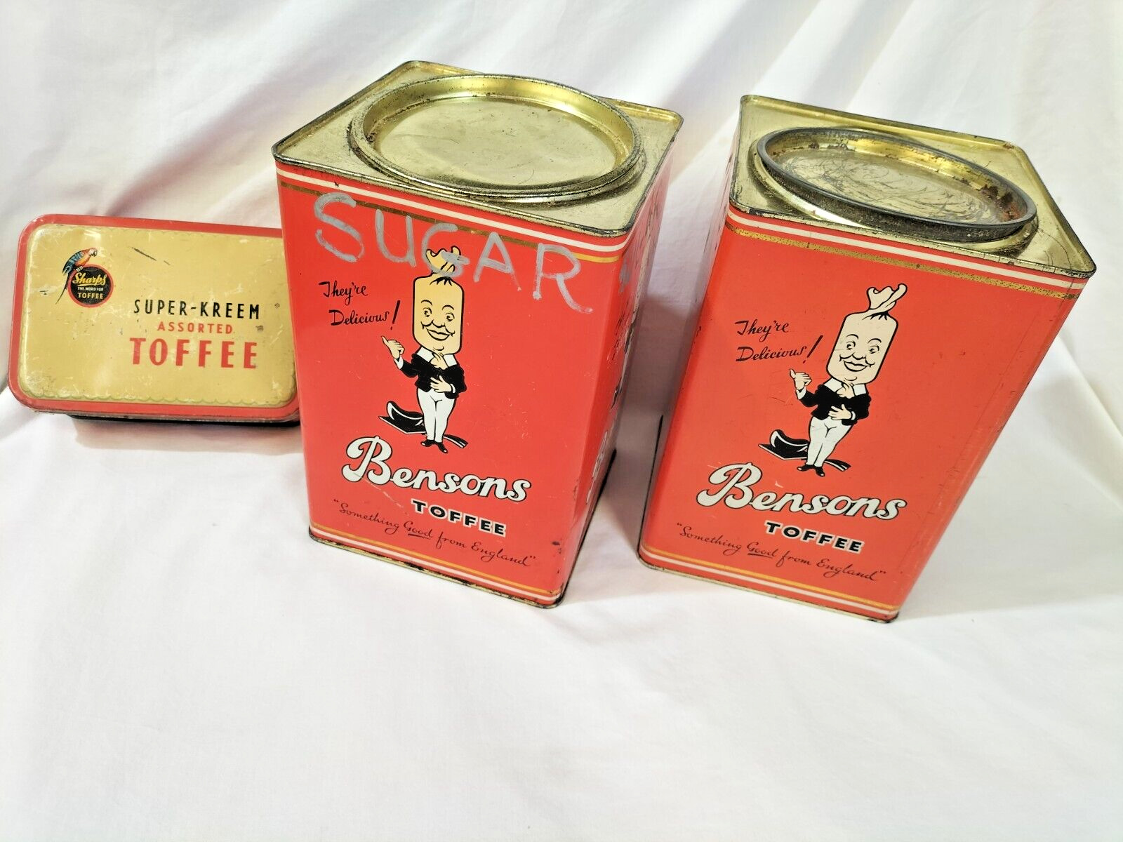 Vintage 2 Large Bensons Shop & Sharps Toffee Tins Canisters Vintage Kitchenalia