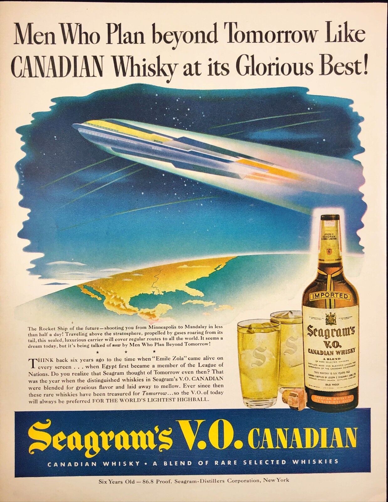 1943 Seagram\'s V.O. Canadian Whisky Rocket Ship of the Future Vintage Print Ad