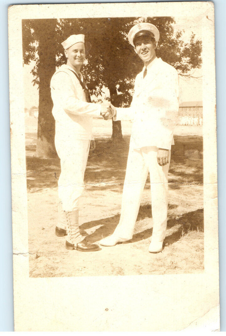Vintage Postcard RPPC, 2 US Navy Sailors Shaking Hands, Dressed, 1940's