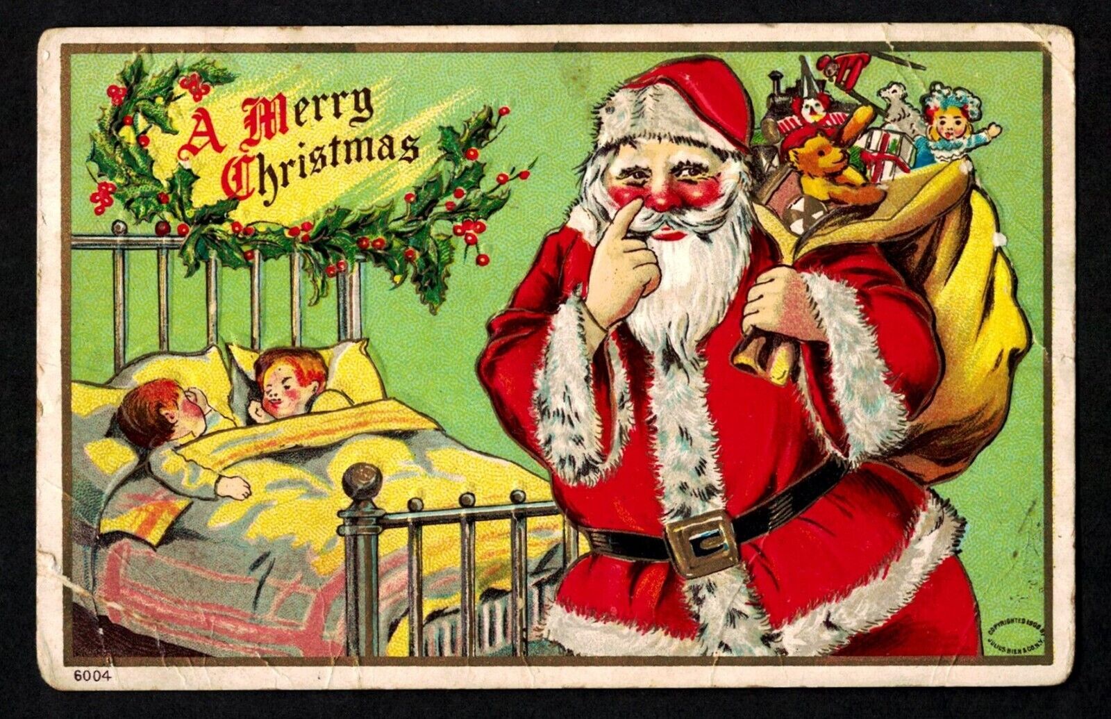 5503 Antique Vintage Christmas Postcard Santa Teddy Bear Toys Kids Sleeping Bed