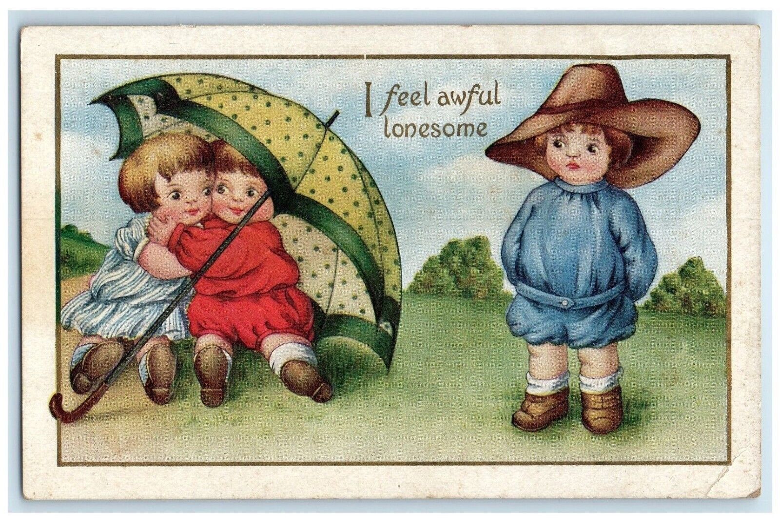 c1910\'s Children Hugging I feel Awful Lonesome Embossed West Newton MA Postcard