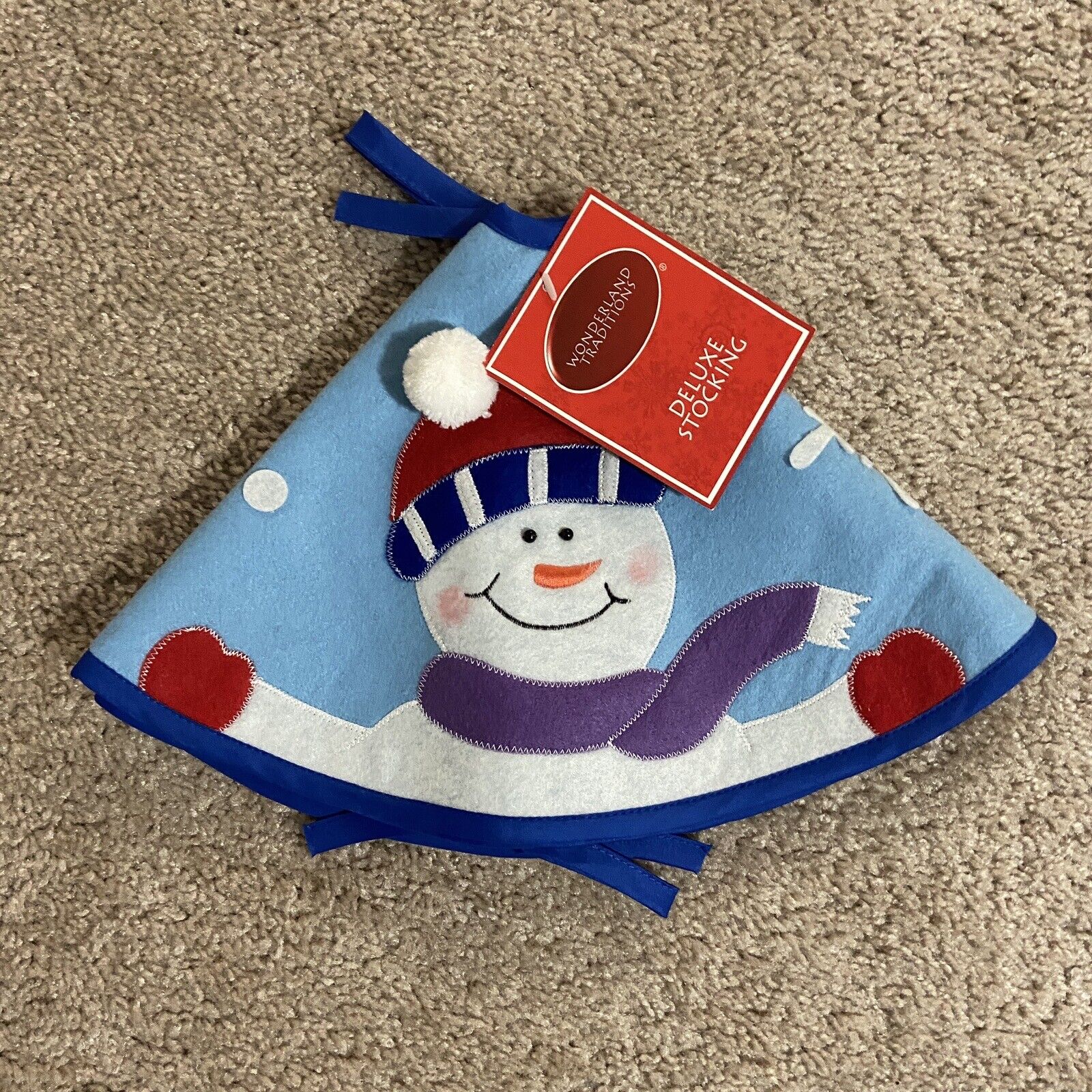 Miniature Christmas Tree Skirt Snowman Blue Felt With Tie Closure 18” Round