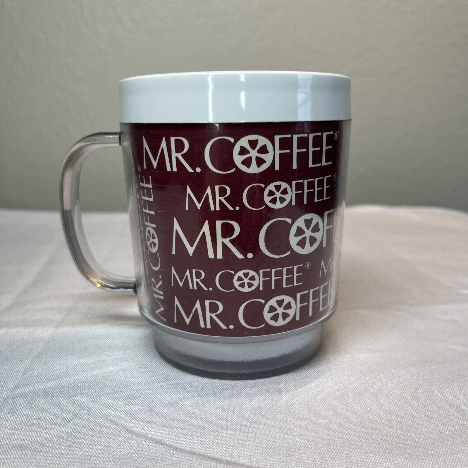 Vintage MR. COFFEE Plastic Mug Cup EAGLE Brand MADE IN USA White Maroon