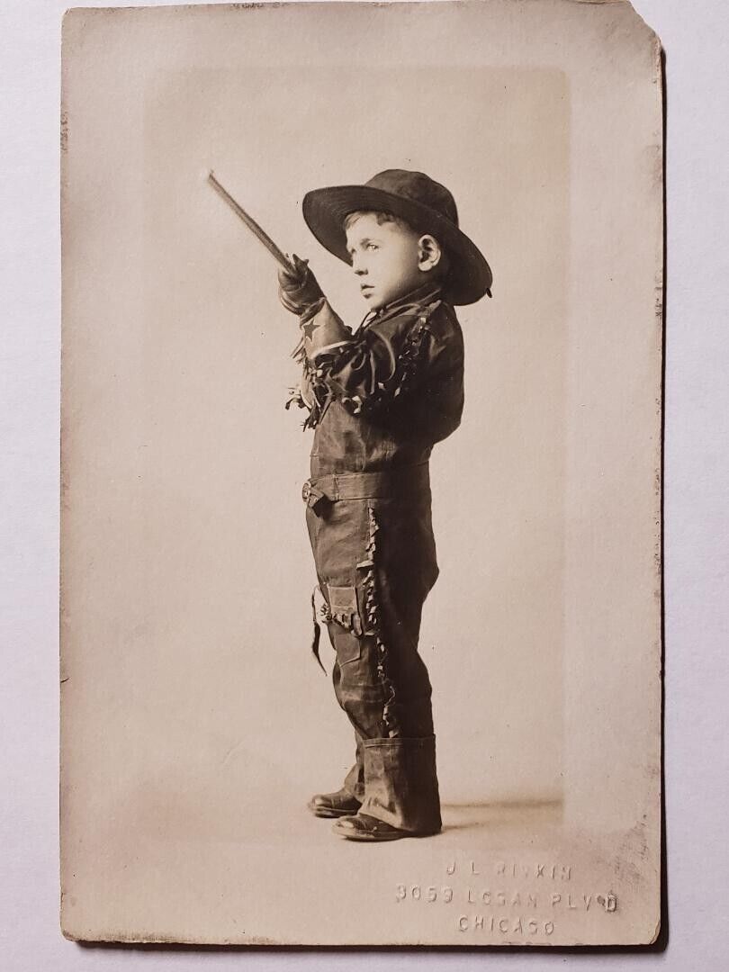 Antique RPPC Photo Postcard Armed Western Young Cowboy Cowpoke Chicago, Illinois