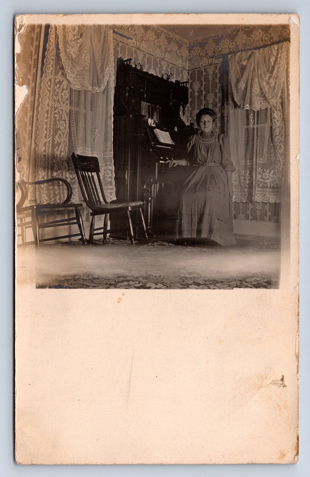 Vintage RPPC Interior of House Organ Musical Instrument Lace Curtains Q4