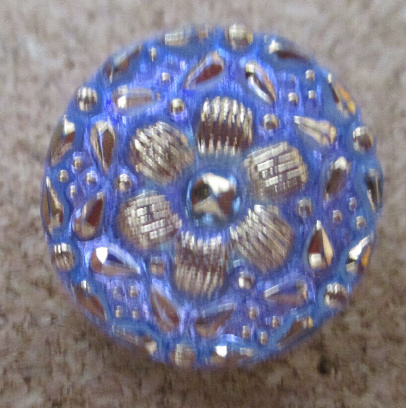 1-Czech Glass UV Reactive Front-Gold Flower-Silver Back Lavender Button #144