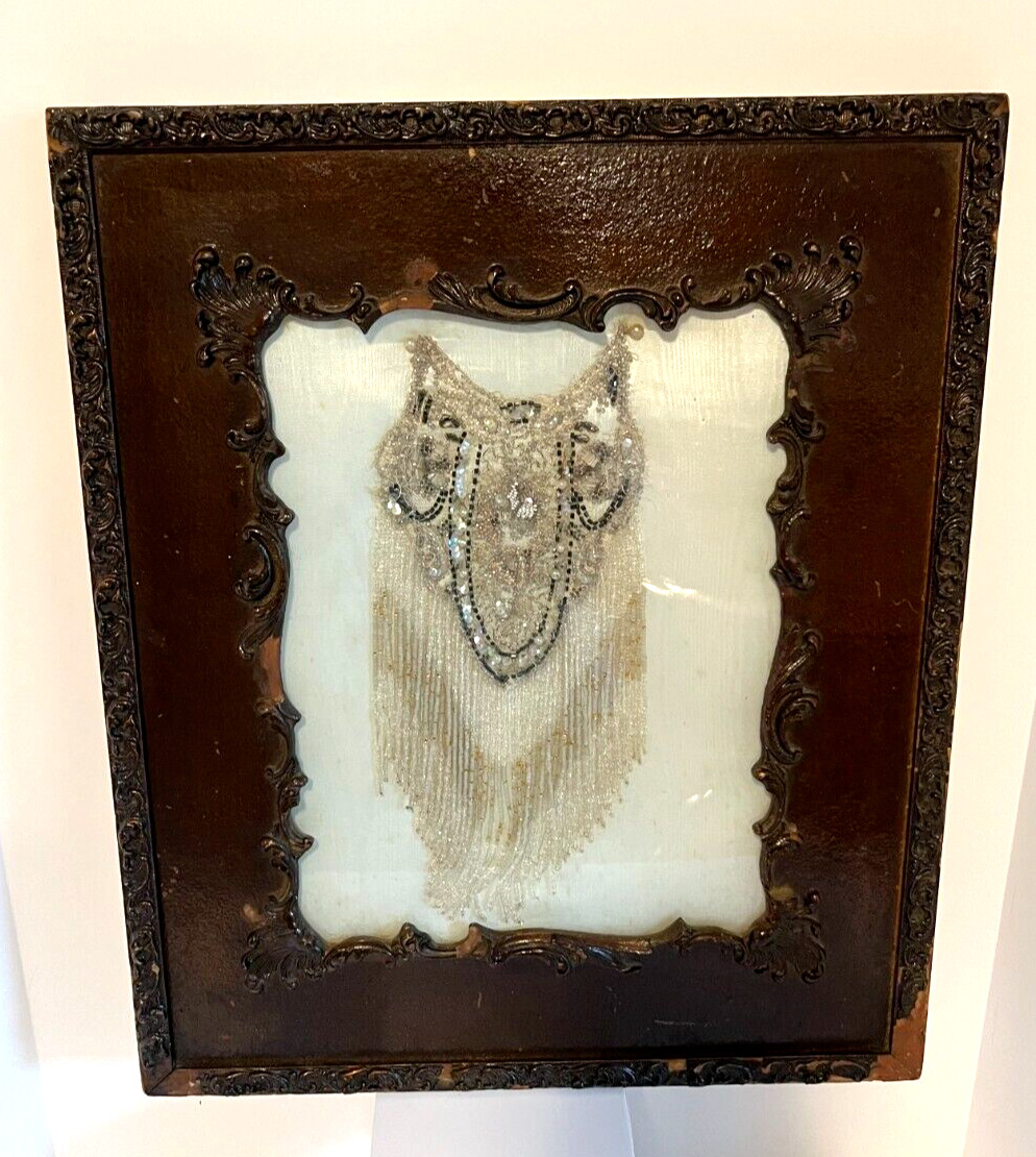Framed Jewelry Antique Beaded Necklace Art Piece in Antique Decorative Frame