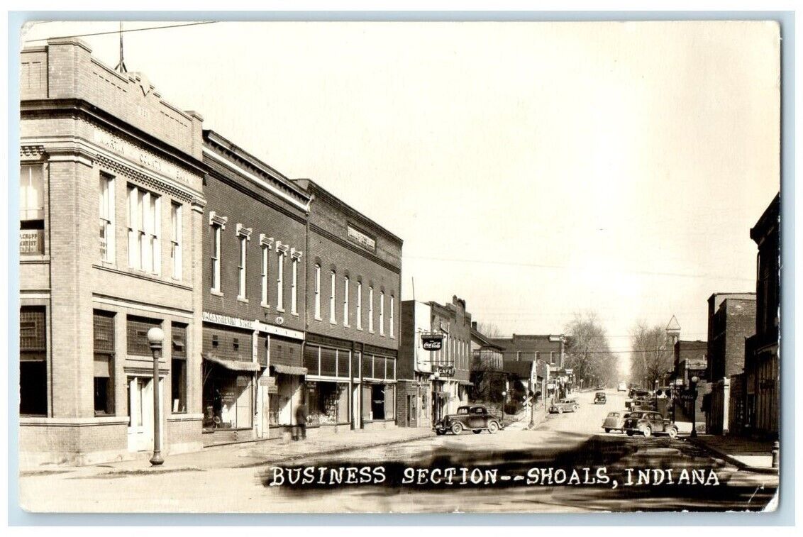 c1950\'s Business Section Street Cafe Cars View Shoals Indiana IN RPPC Postcard
