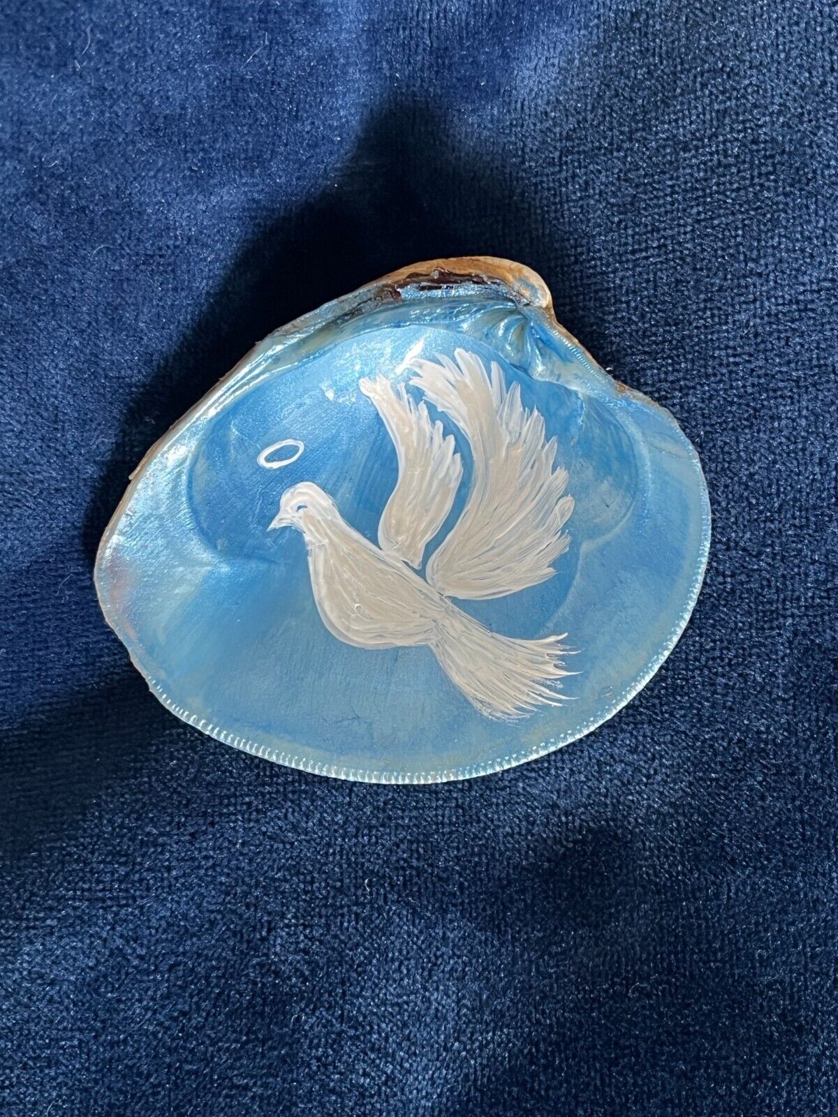Hand Painted Clam Shell Peace Dove White Blue Angel Faith Memorial Art GIFT