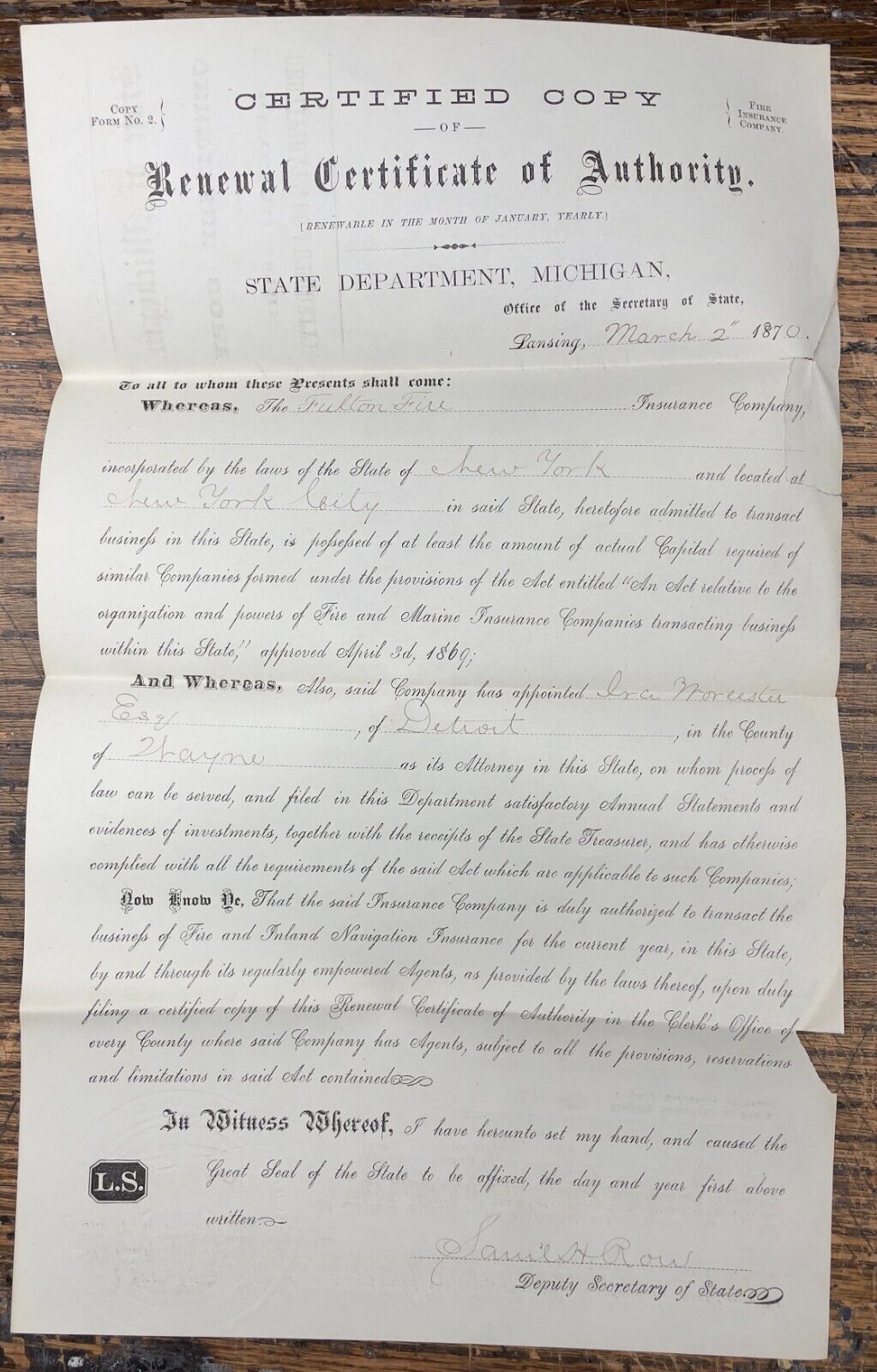 1870 Michigan Gov’t Document: Renewal Certificate, The Fulton Fire Insurance Co.