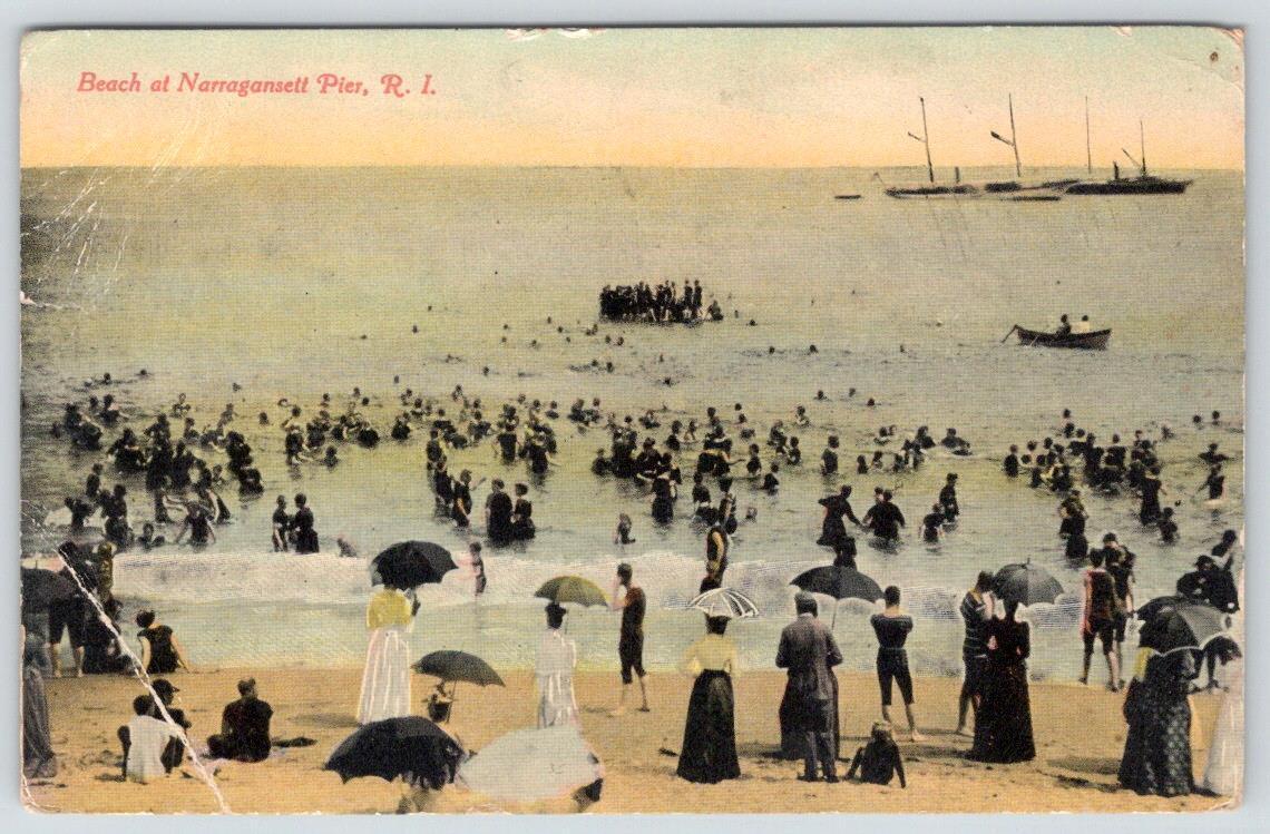 1910's BEACH AT NARRAGANSETT PIER RHODE ISLAND ANTIQUE FASHIONS POSTCARD*CREASE*