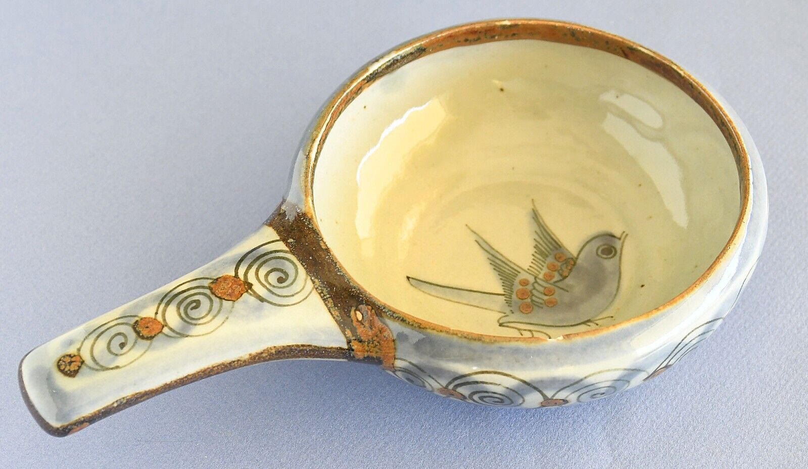 Tonala Ken Edwards Mexican Pottery Soup Bowl with Handle Bird Design 