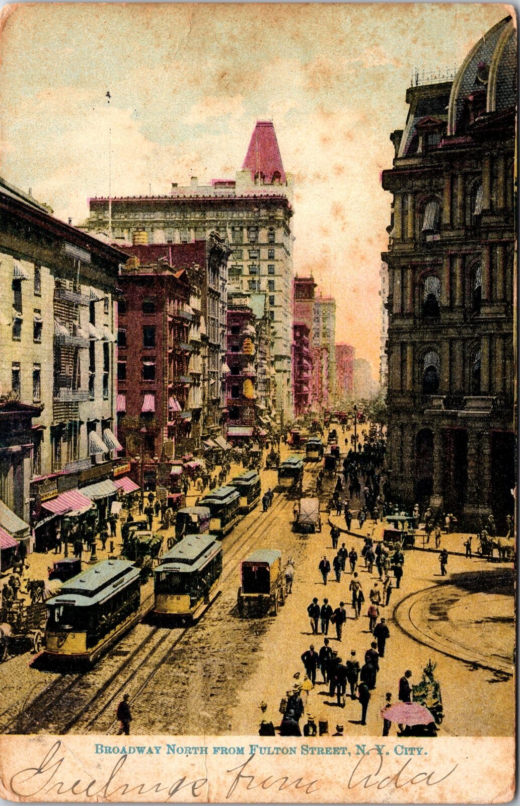 VINTAGE POSTCARD STREET SCENE VIEW OF BROADWAY FROM FULTON SQUARE N.Y.C. c. 1905