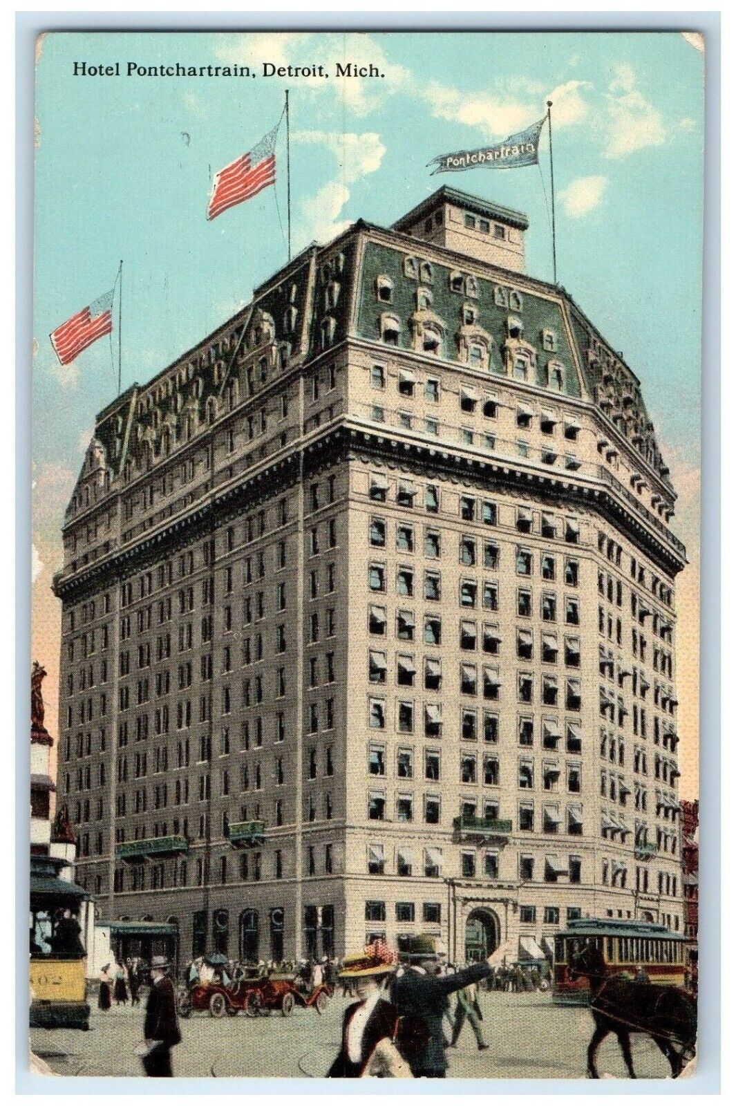 1913 Hotel Pontchartrain Building Cars Trolley Detroit Michigan MI Postcard