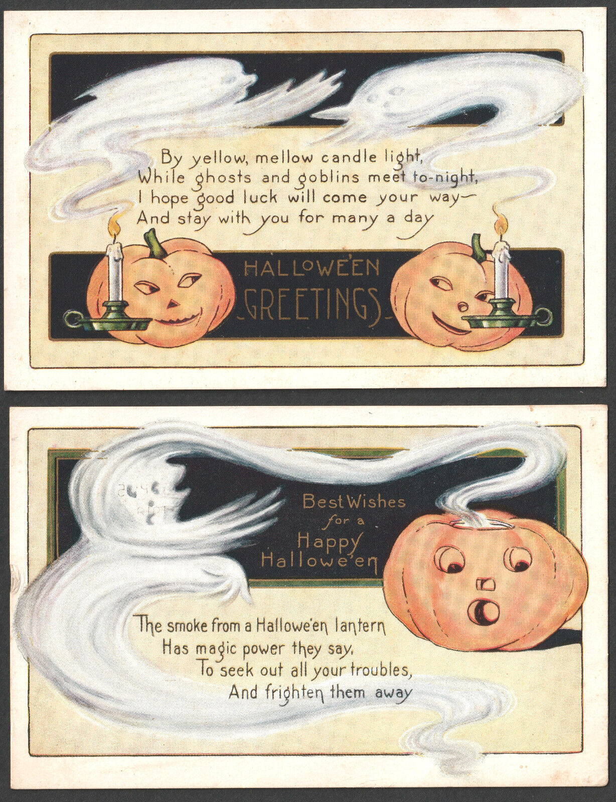 Halloween Greetings 2x PostCards c 1918 Goblins Whitney WH38 Ghosts JOL Pumpkin