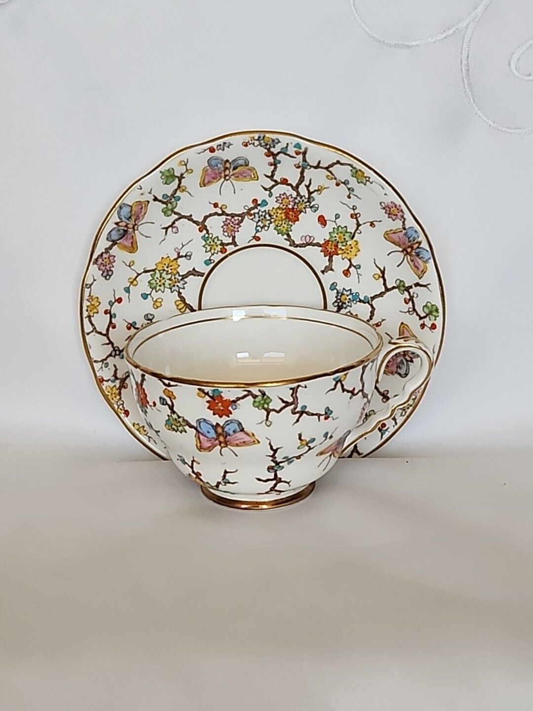 LOVELY ROYAL STAFFORD TEA CUP & SAUCER BUTTERFLY & FLORAL BONE CHINA ENGLAND