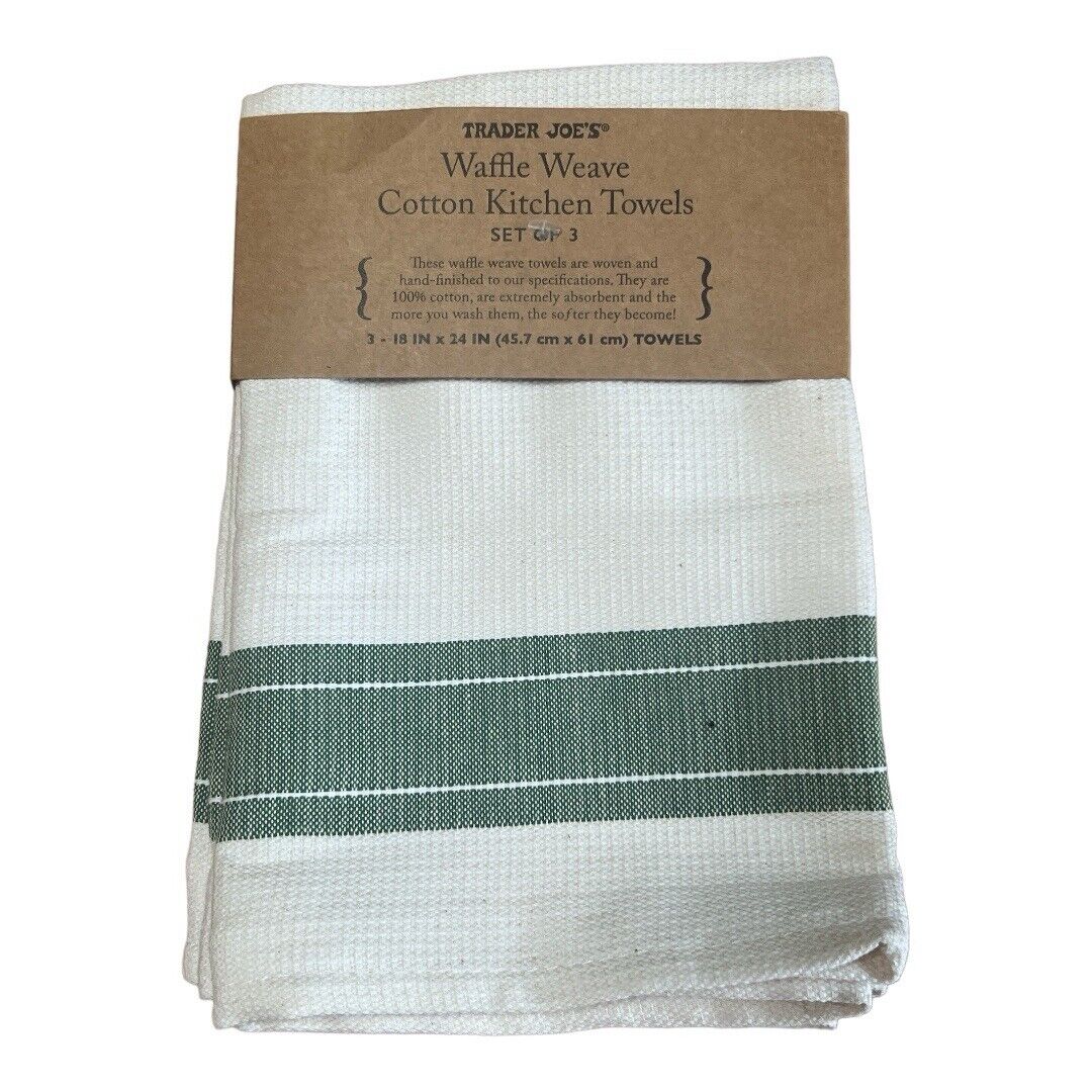 Trader Joe’s Green Waffle Weave Cotton Kitchen Towels Set Of 3, 18” X 24”
