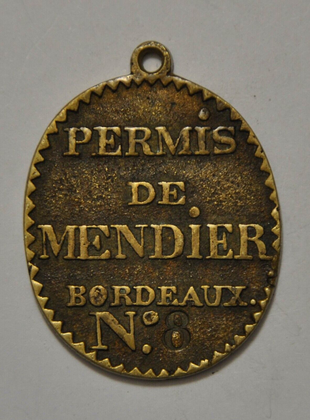 Trade plate - BORDEAUX begging permit no. 8 circa 1820-1900 NO COPY