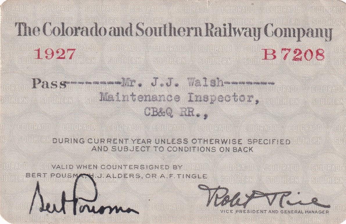 1927 Colorado & Southern Railroad employee pass - Chicago Burlington & Quincy