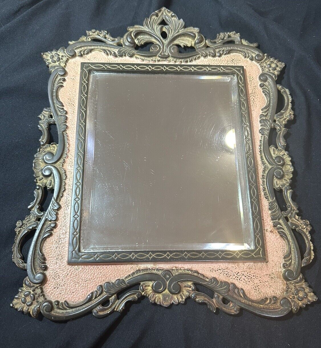 Antique Hanging Ornate Picture Frame Mirror Heavy Metal Pink Victorian 1891-1911