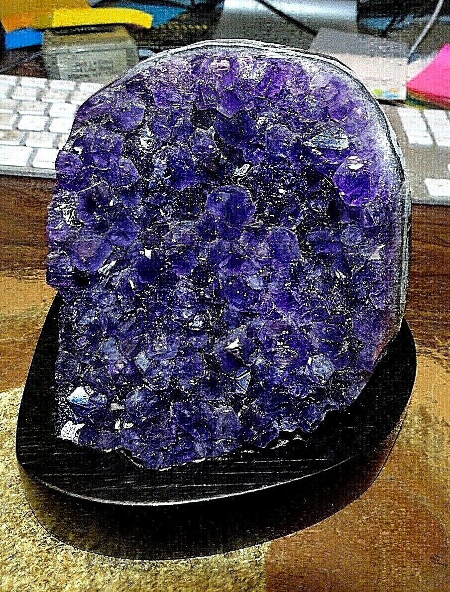 LG. AMETHYST CRYSTAL CLUSTER  CATHEDRAL GEODE  BRAZIL  WOOD  STAND 