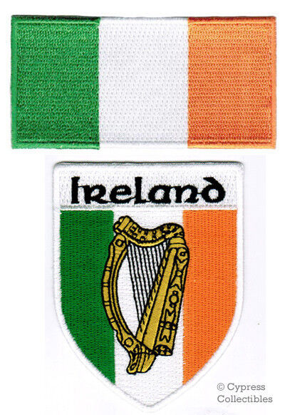LOT of 2 IRELAND FLAG PATCH IRISH EIRE BANNER HARP SHIELD embroidered iron-on