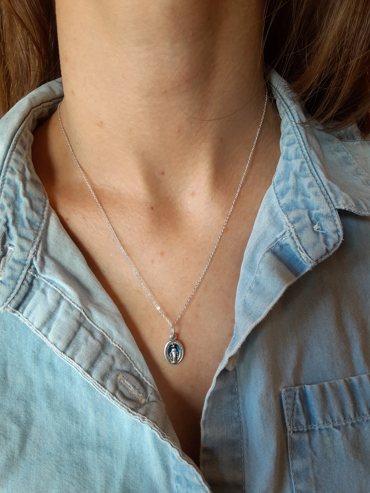 Tiny Blue Miraculous Medal Necklace