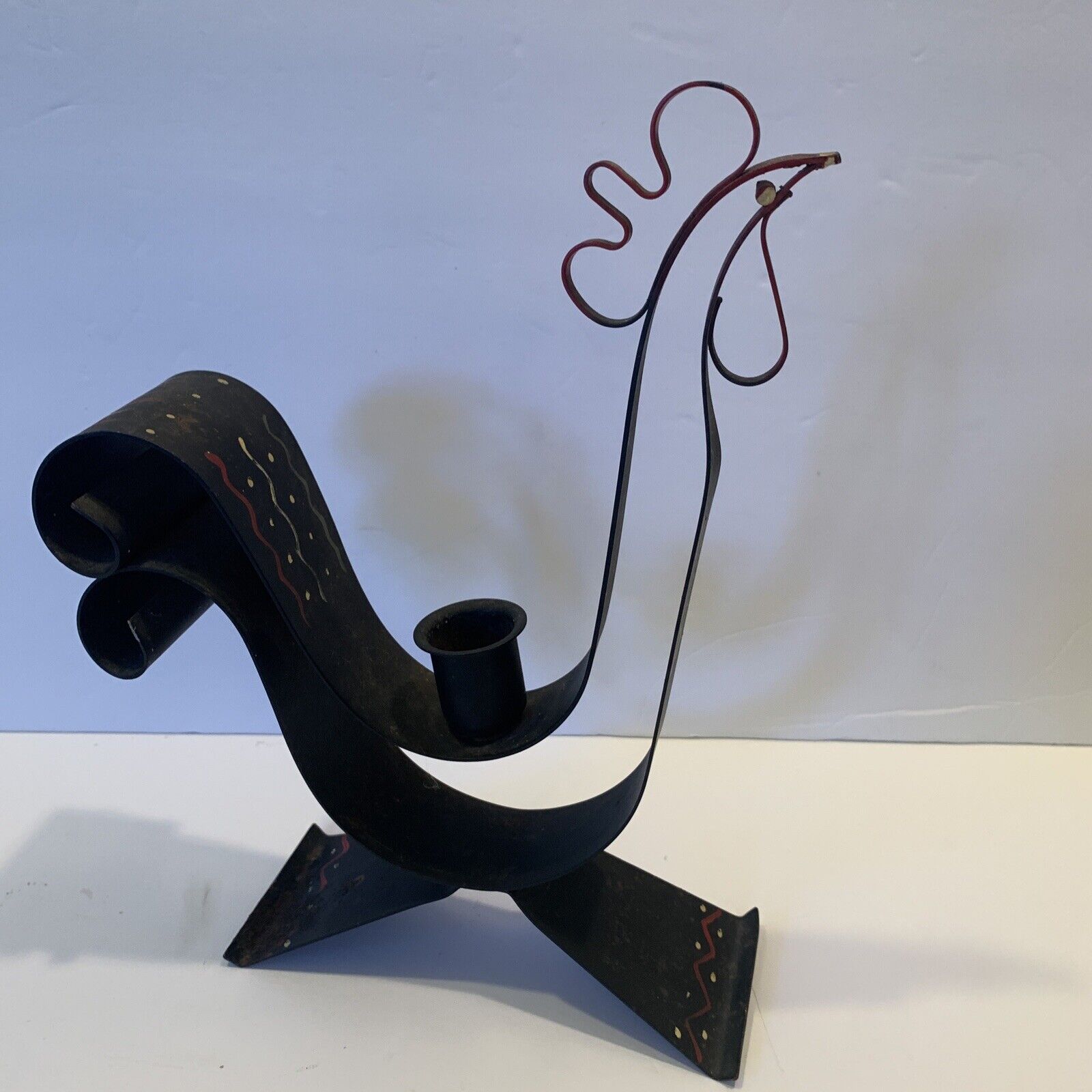 VTG 1950’s TOLEWARE Metal ROOSTER Candle Holder Hand painted COUNTRY 10” Black