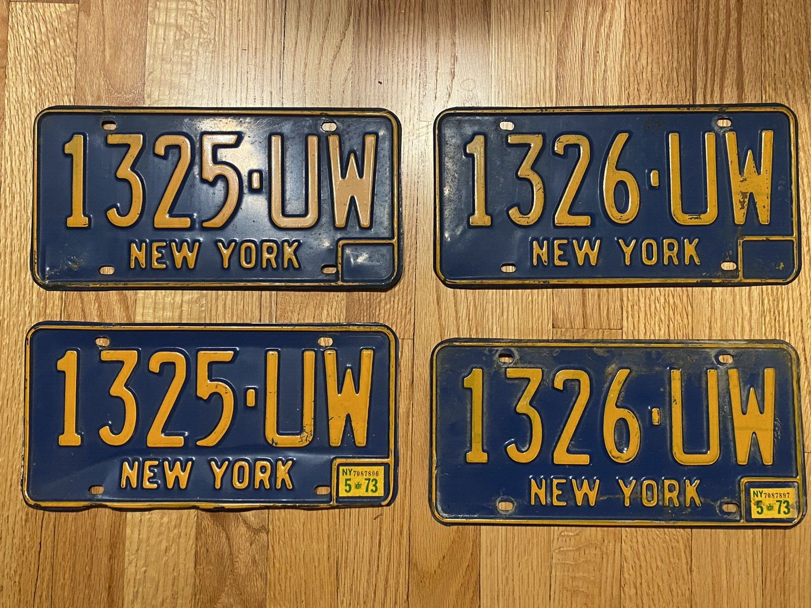 Vintage 1973 Blue New York State License Plates, TWO Sets Stickered Pairs