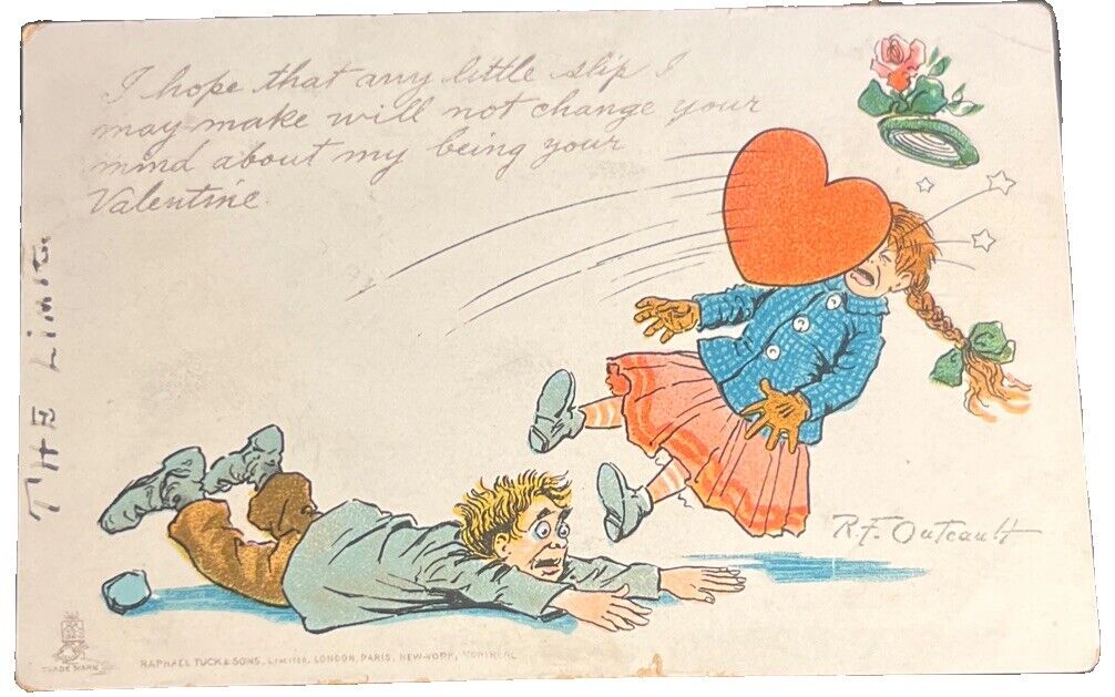 c1905 Valentine Heart Man Slip Outcault Signed Tuck's Postcard Posted Rutland VT