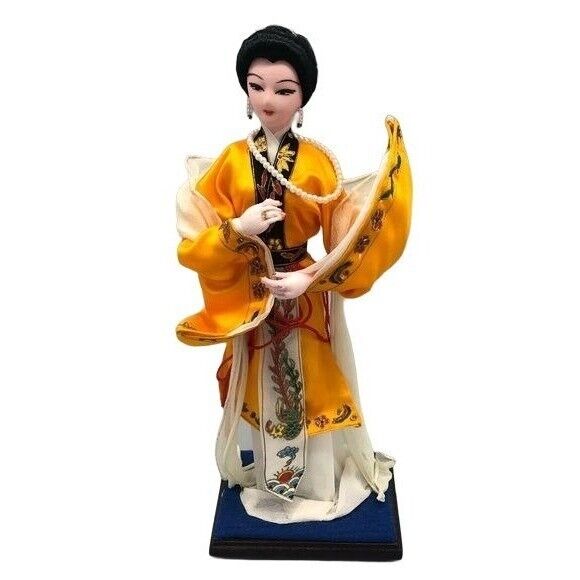 VINTAGE Peking Silk Figures Doll Jang Yi gold white includes wood stand READ
