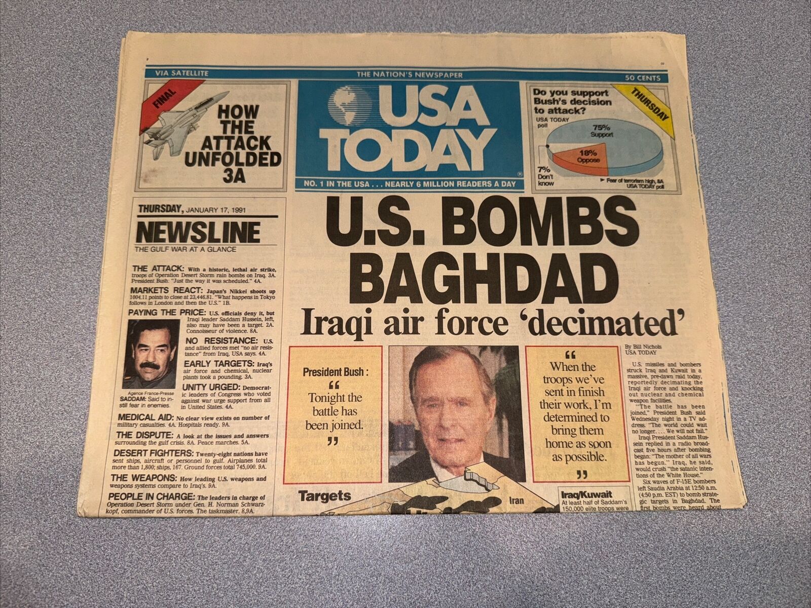 USA Today January 17 1991 U.S. Bombs Baghdad A Section Only