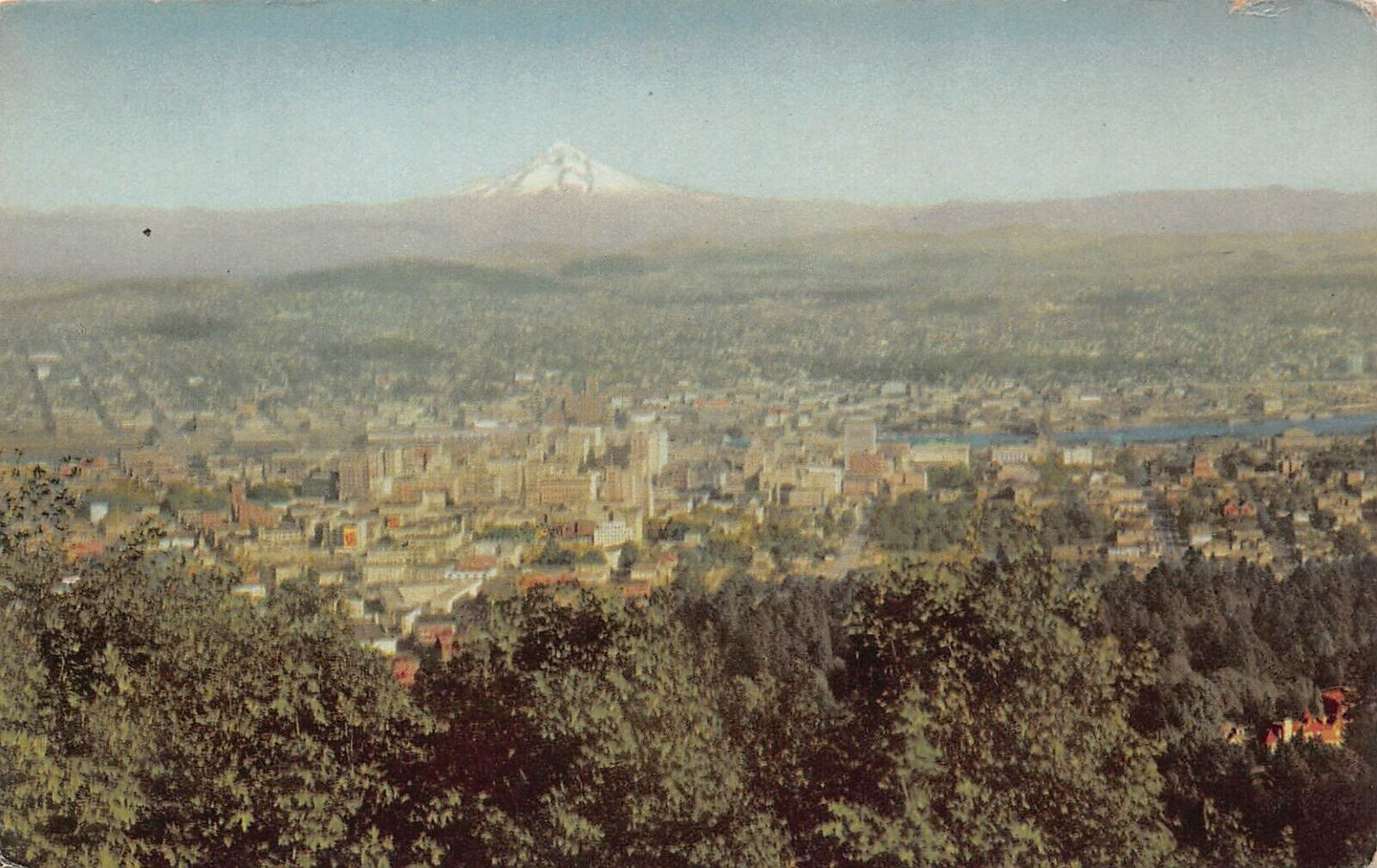 Portland OR Oregon Downtown 1950s Panorama View Mt Hood Vtg Postcard P10