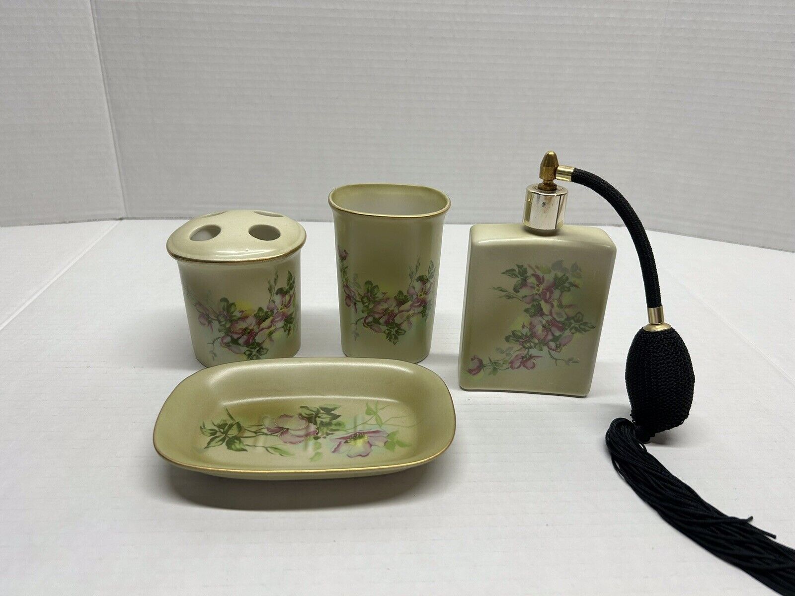 Vintage Porcelain Nippon Bathroom Vanity Accessories  Hand Painted 4 Piece Set