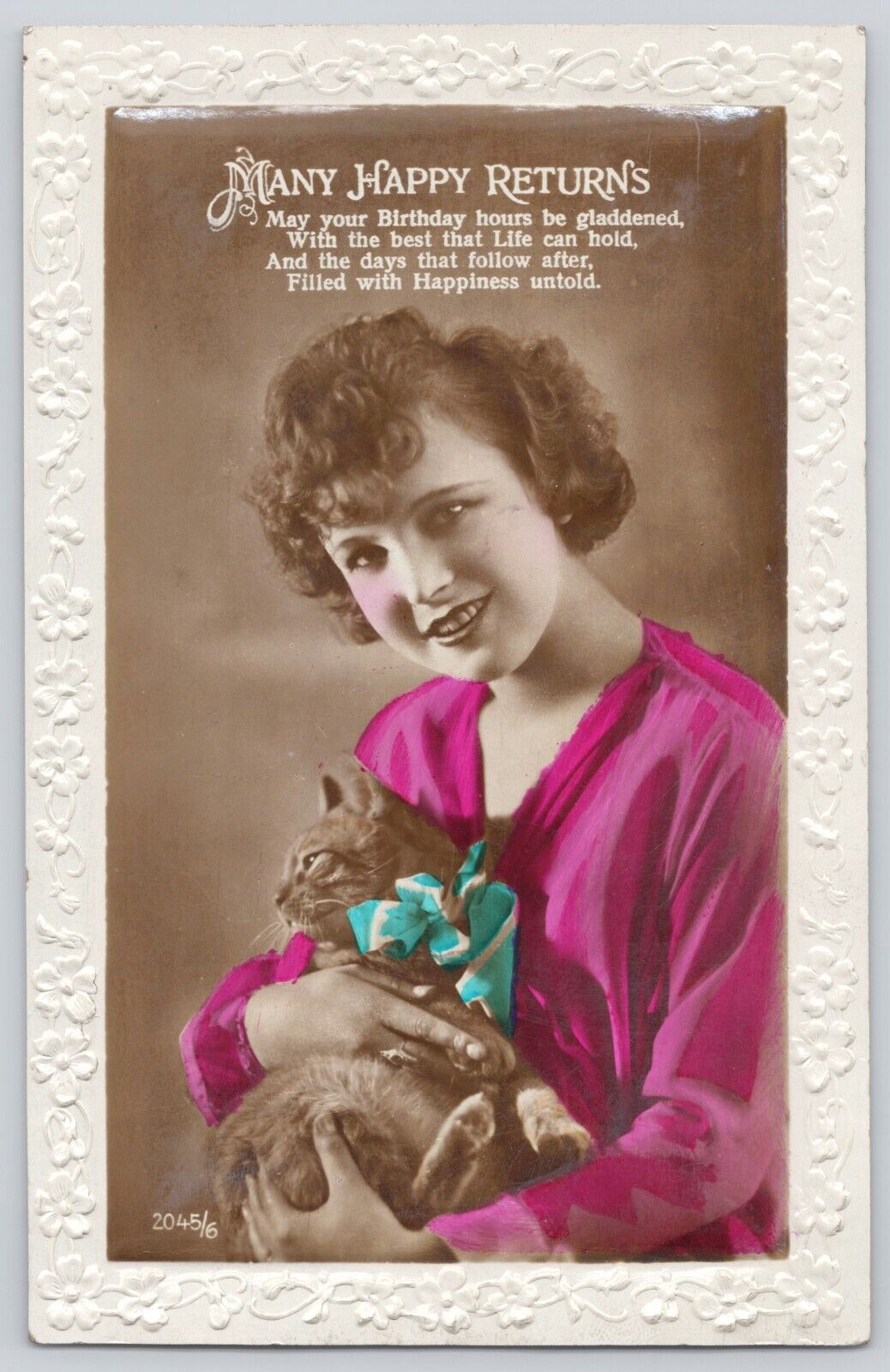 Postcard RPPC Birthday Young Lady With Orange Tabby Cat Hand Colored Vintage Emb