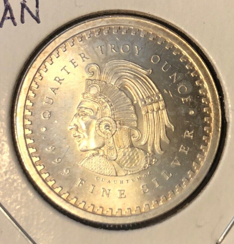 MEXICO Pure Silver .999 Bullion - Aztec Calendar Mayan-  1/4 Troy oz round coin