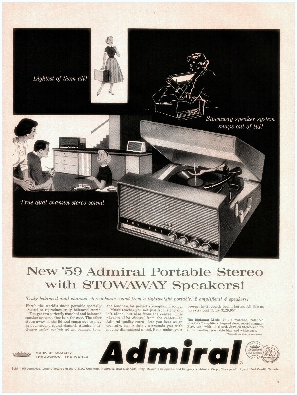 1959 Admiral Portable Stereo Vintage Print Ad With Stowaway Speakers Records 