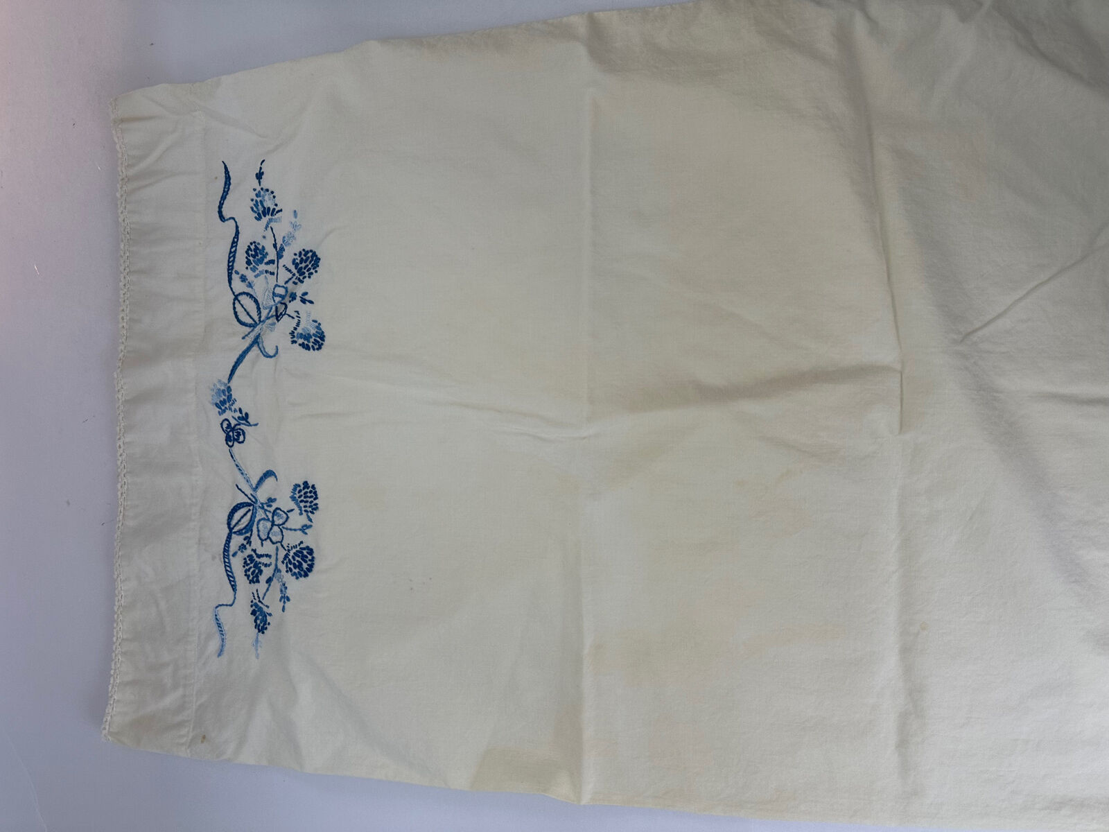 Vintage Cotton Standard Pillow Case w/ blue embroidery